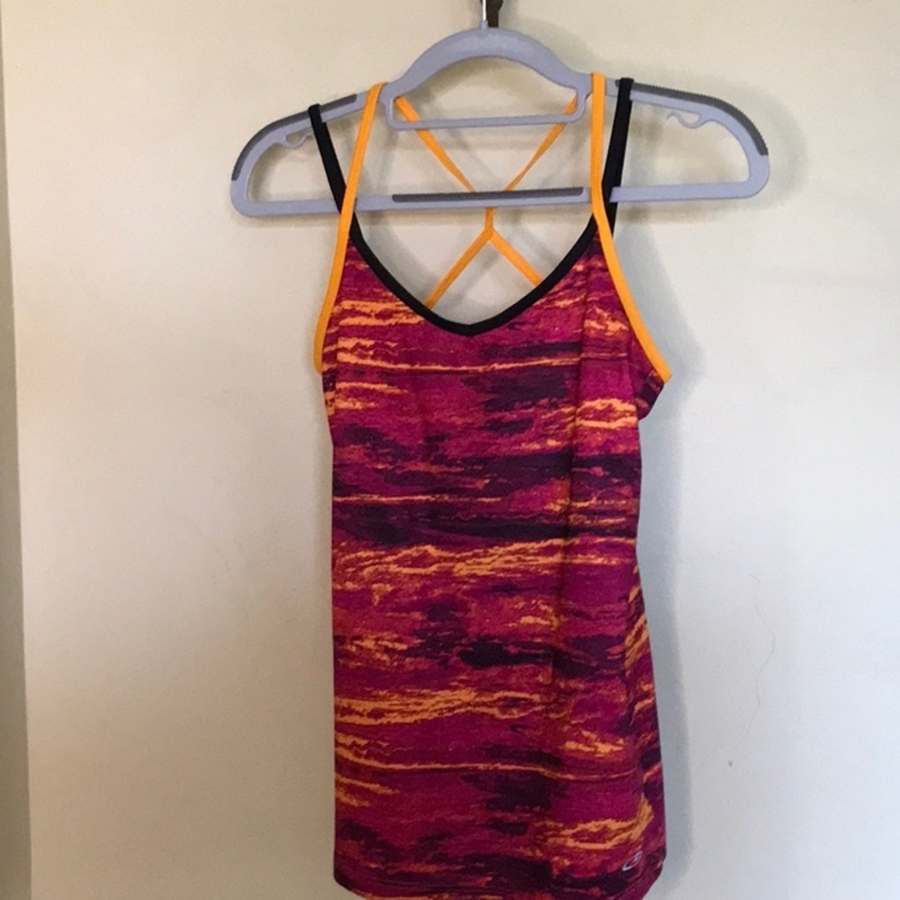 Champion workout tank top Fuschia pink black orange built in bra Sz S